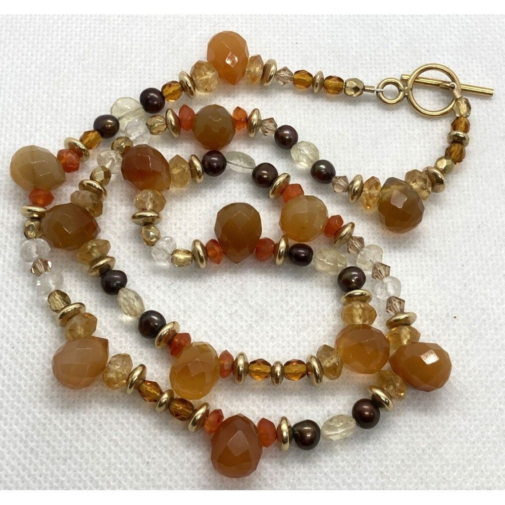 Carnelian Quartz Pearl Beaded 20'' Necklace 1/20 14K GF Yellow Gold Filled 29g